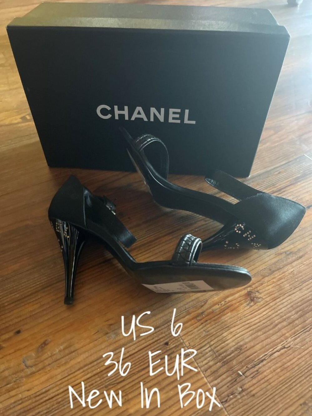 CHANEL CC Logo Crystal Black Heels Sandals 36 - New in Box